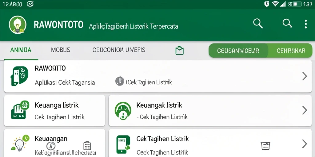 Tampilan antarmuka aplikasi RAWONTOTO untuk cek tagihan listrik.