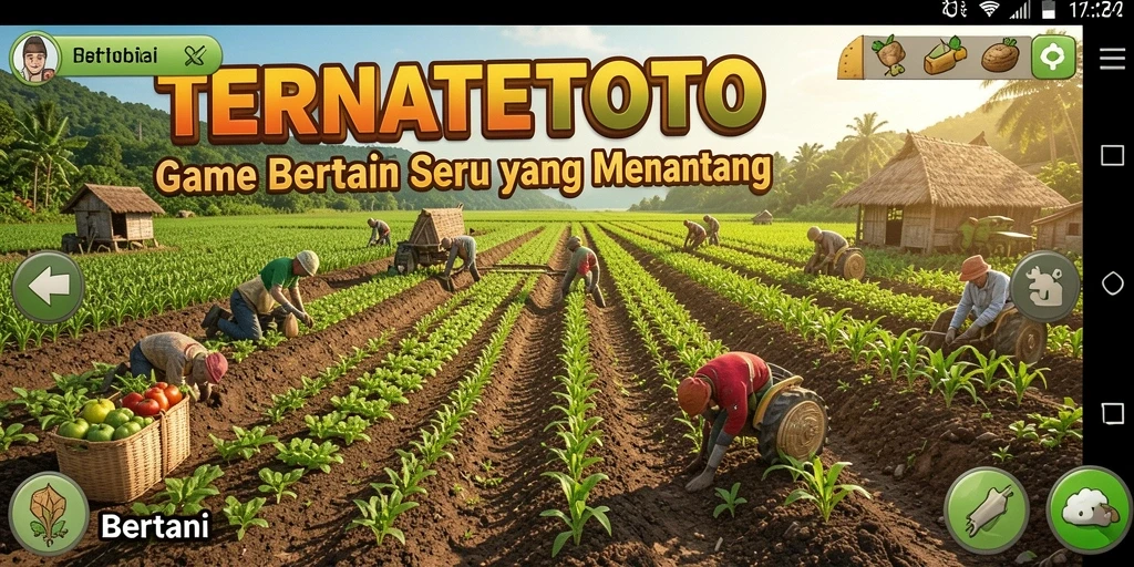 Tampilan antarmuka menarik TERNATETOTO dengan aktivitas bertani yang menyenangkan.