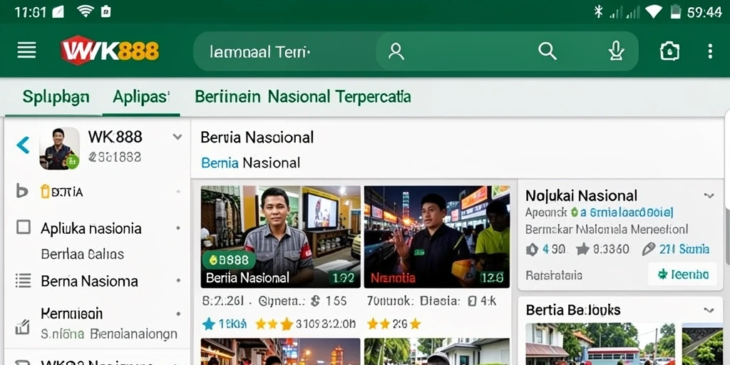 Antarmuka aplikasi WK888 yang menampilkan berita nasional terbaru.